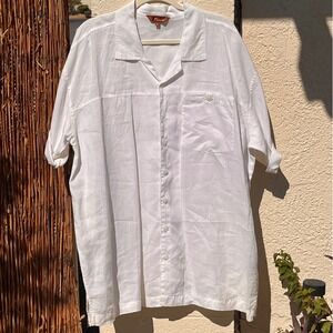 Mens White 100% Linen Shirt XL Short Sleeve‎ Camp Collar Resort Beach